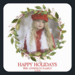 Holly Leaves Wreath Red Christmas Holiday | PHOTO Square Sticker<br><div class="desc">Lovely stickers for holiday envelopes / greeting cards with PHOTO.  Delicate red holly wreath with berries and greenery.  Watercolor floral bouquet with poinsettias flowers.  Personalise by adding your photo and name,  year.  Perfect to send out to your family and friends.</div>