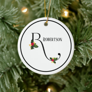 Holly Letter R Monogram And Name Christmas Ceramic Tree Decoration