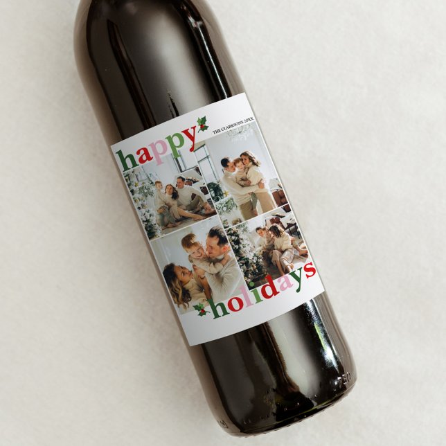 Holly Merry Bright Fun Family Holiday Card Wine Label (Creator Uploaded)