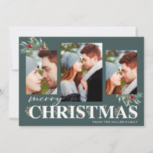 Holly Merry Christmas Holiday Photo Collage Card
