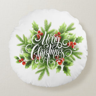 Holly Merry Christmas Round Pillow