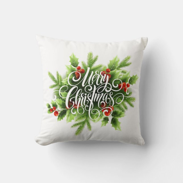 Holly Merry Christmas Throw Pillow (Front)