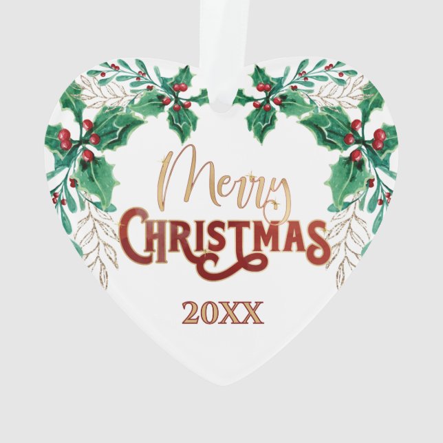 Holly Merry Christmas Watercolor Gold Family Photo Ornament (Back)