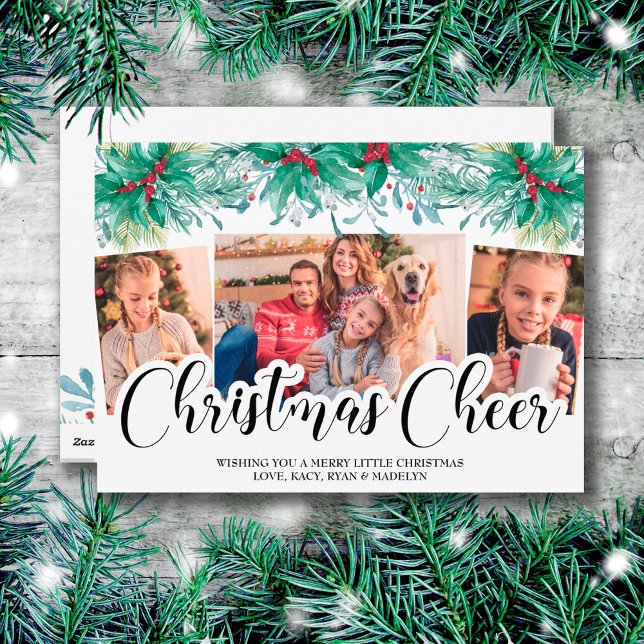 Holly Mistletoe 3 Photo Christmas Cheer Script Holiday Card (Creator Uploaded)