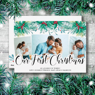 Holly Mistletoe 3 Photo Our First Christmas Script Holiday Card