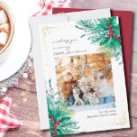 Holly Mistletoe Casual Script Christmas Photo Flat Holiday Card<br><div class="desc">Christmas photo card with one of your favourite photos. The holiday card is lettered with casual script and classic typography, all of which is editable. The photo template is set up to display your picture in square format. The design has watercolor winter greenery, holly and berries, mistletoe and pine with...</div>