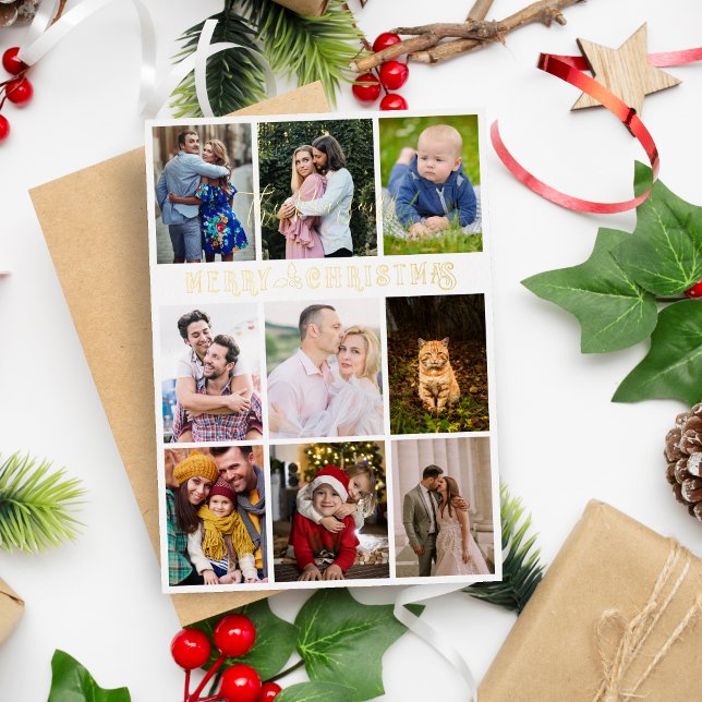 Holly Modern Elegant Collage 10 Photos Family (Holly Modern Elegant Collage 10 Photos Family Christmas Holiday Card.)