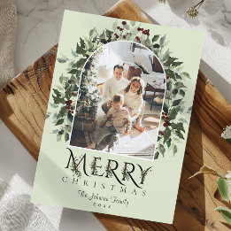 Holly Modern Merry Christmas Four Photo Collage Holiday Card