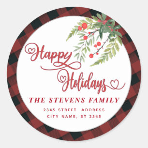 Holly Modern plaid red script Happy Holidays Classic Round Sticker
