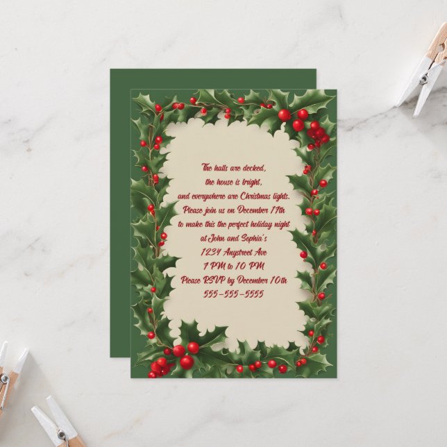 Holly on Green Christmas Party Invitation (Front/Back In Situ)