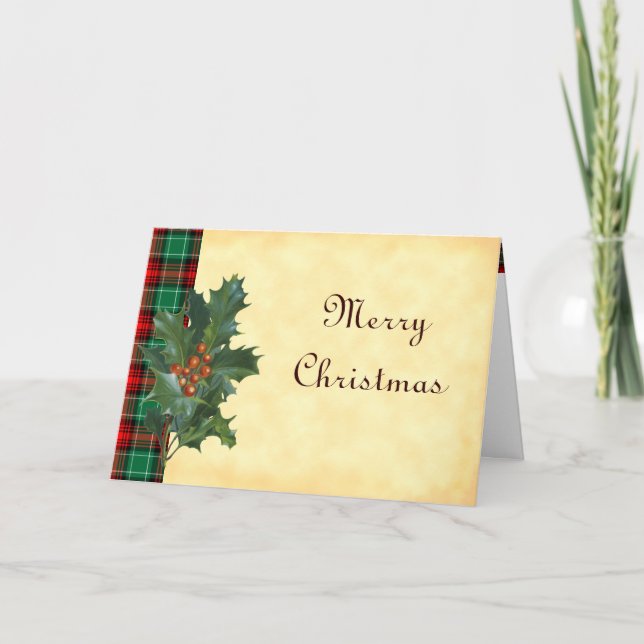Holly on Red Green Christmas Plaid Custom Cards (Front)