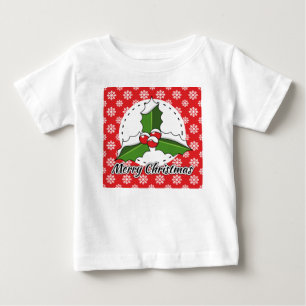 Holly on Red White Snowflakes Pattern - Merry Xmas Baby T-Shirt