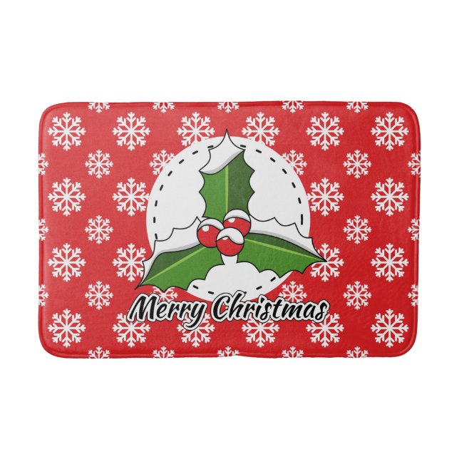 Holly on Red White Snowflakes Pattern - Merry Xmas Bath Mat (Front)