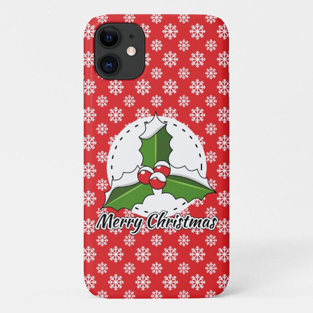 Holly on Red White Snowflakes Pattern - Merry Xmas Case-Mate iPhone Case (Back)
