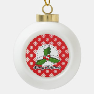Holly on Red White Snowflakes Pattern - Merry Xmas Ceramic Ball Christmas Ornament