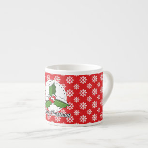 Holly on Red White Snowflakes Pattern - Merry Xmas Espresso Cup