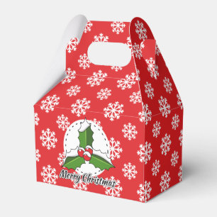 Holly on Red White Snowflakes Pattern - Merry Xmas Favour Box
