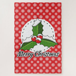 Holly on Red White Snowflakes Pattern - Merry Xmas Jigsaw Puzzle