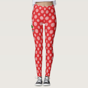 Holly on Red White Snowflakes Pattern - Merry Xmas Leggings