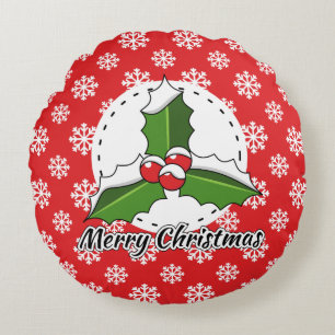 Holly on Red White Snowflakes Pattern - Merry Xmas Round Cushion
