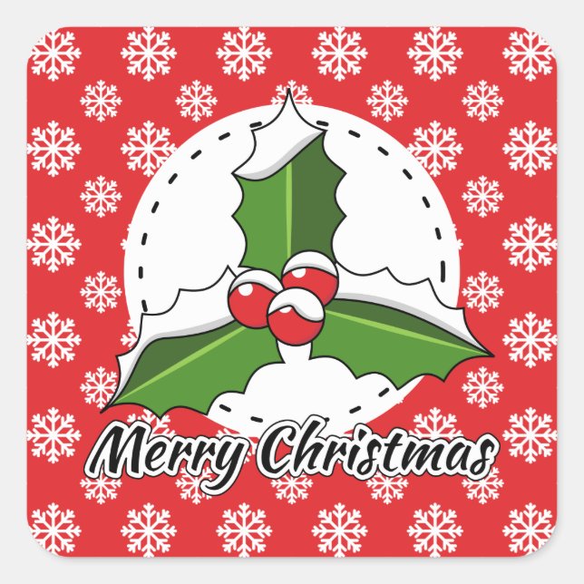 Holly on Red White Snowflakes Pattern - Merry Xmas Square Sticker (Front)