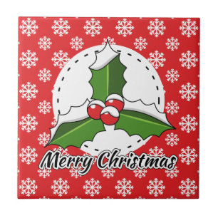 Holly on Red White Snowflakes Pattern - Merry Xmas Tile