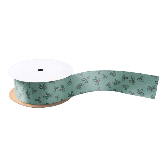 Holly on turquoise satin ribbon (Spool)