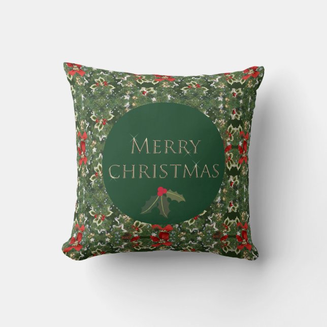 Holly Pattern Green and Red Christmas Square Cushion (Front)