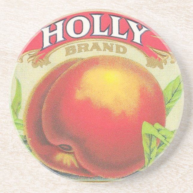 Holly Peaches Vintage Fruit Crate Label Coaster (Front)