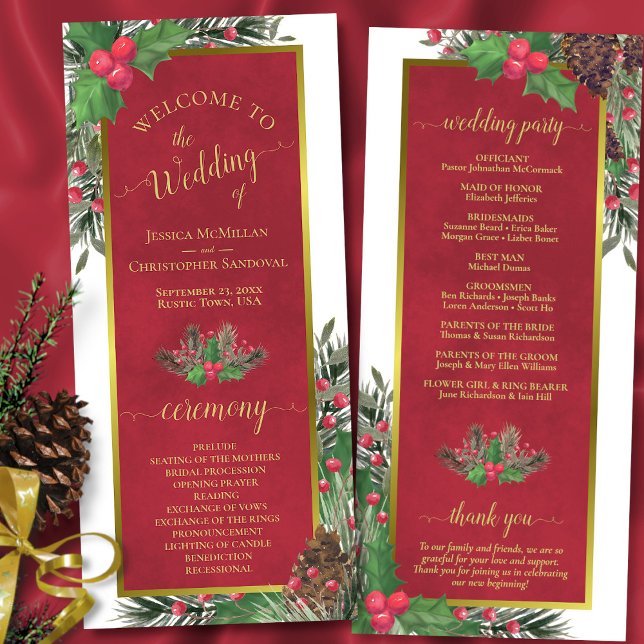 Holly & Pine Elegant Christmas or Holiday Wedding Programme (In Situ Front/Back)