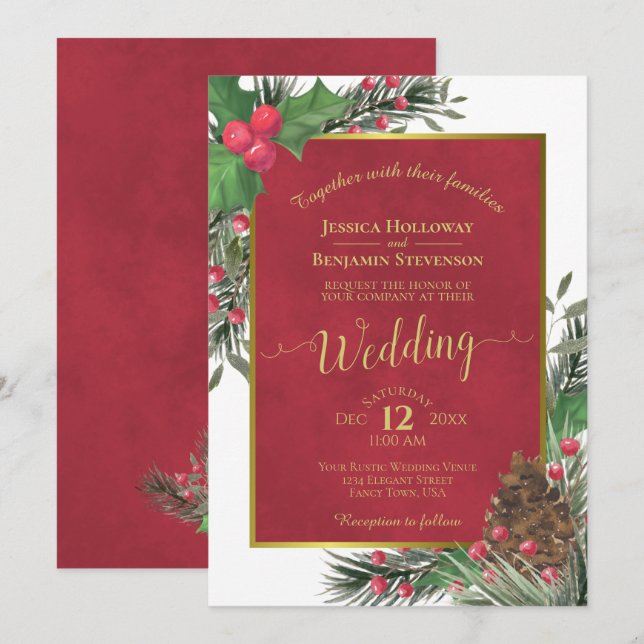 Holly & Pine Elegant Christmas Winter Wedding Invitation (Front/Back)