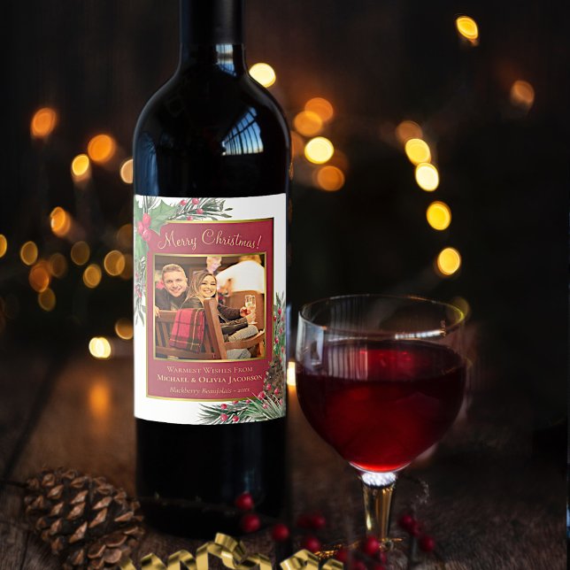 Holly & Pine Festive Merry Christmas Holiday Photo Wine Label (In Situ with Glass)