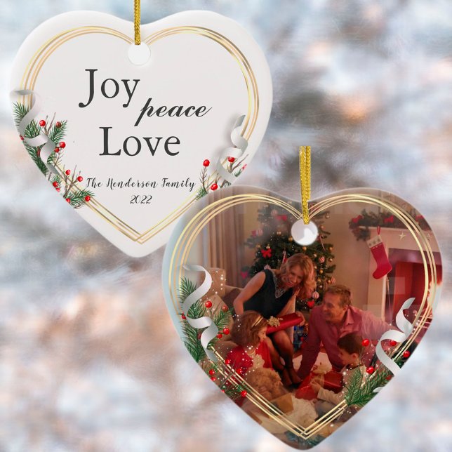 Holly & Pine Gold Frame Family Photo 2-sided  Ornament (Creator Uploaded)