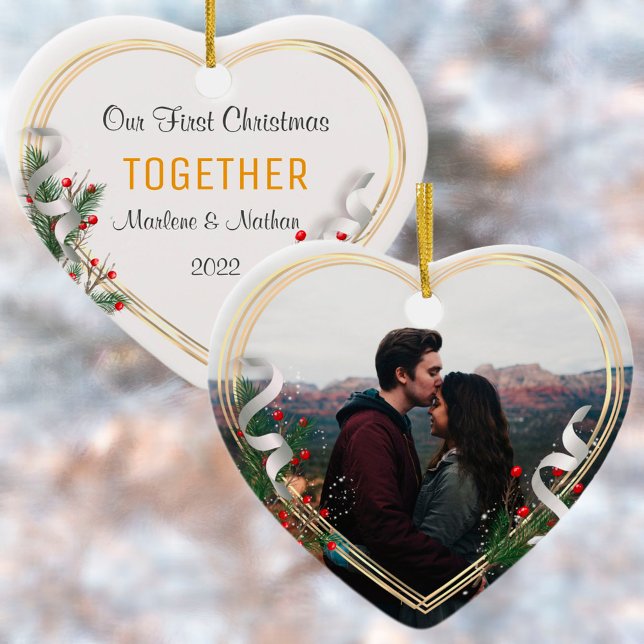 Holly & Pine Gold Frame Photo 1st Xmas Together  Ornament (Creator Uploaded)