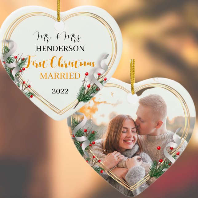 Holly & Pine Gold Frame Photo Newlyweds 2-sided  Ornament (Creator Uploaded)