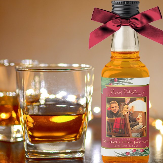 Holly & Pine Merry Christmas Gold Frame Photo Mini Liquor Bottle Label (In Situ with Bow)