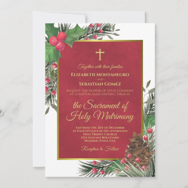 Holly & Pine Modern Catholic Christmas Wedding Invitation (Front)