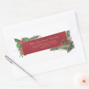 Holly & Pine Red & Gold Holiday Return Address Rectangular Sticker