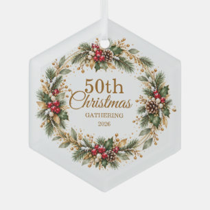 Holly Pine Snow Gold Christmas Glass Tree Decoration