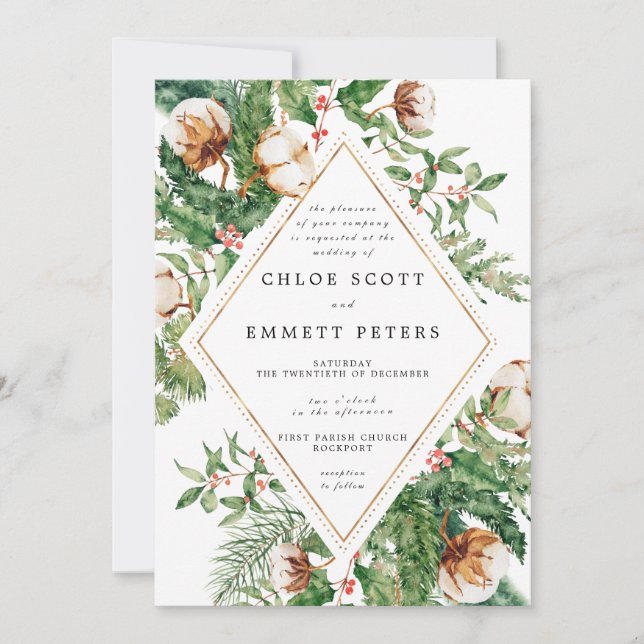 Holly Pine White Floral Winter Wedding Invitation (Front)