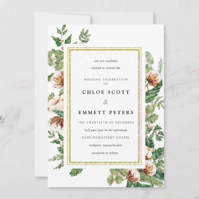 Holly Pine White Floral Winter Wedding Invitation (Front)