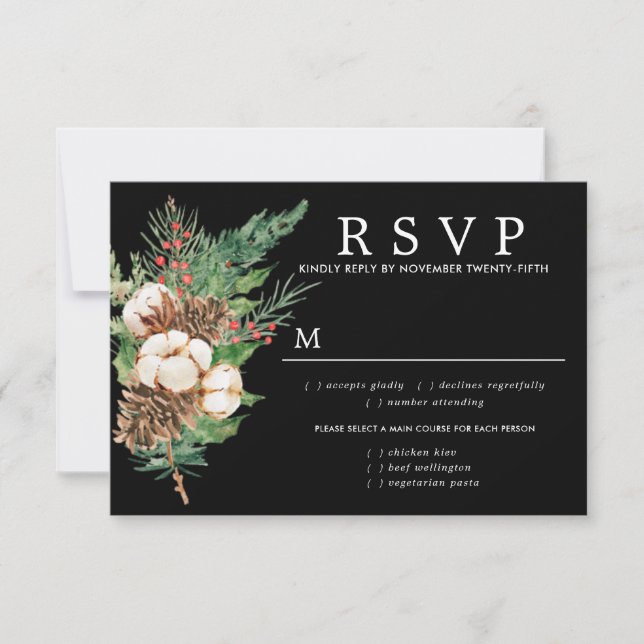 Holly Pine Winter Wedding RSVP Meal Options Card (Front)