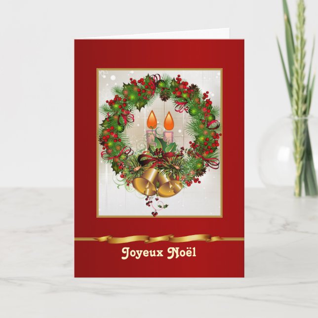 Holly pine wreath, candles, bells French Christmas Holiday Card (Front)