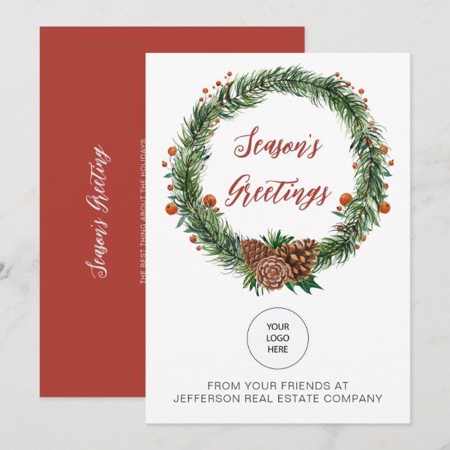 Holly Pine Wreath Company Logo Business Holiday Card (Front/Back)