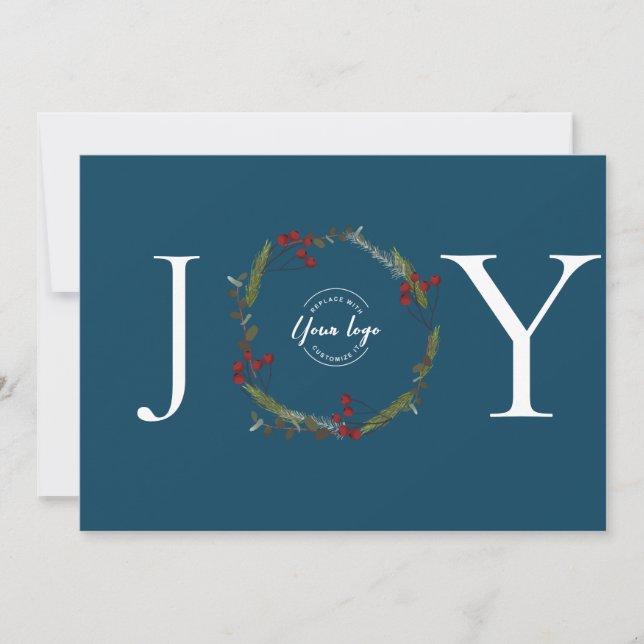 Holly Pine Wreath Joy Blue Business logo custom Holiday Card (Front)