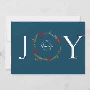 Holly Pine Wreath Joy Blue Business logo custom Holiday Card