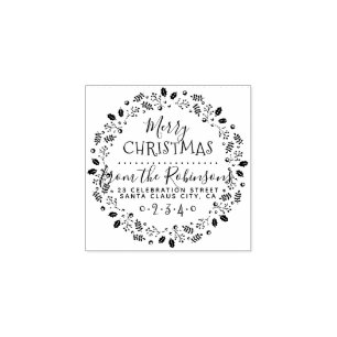 Holly & Pine Wreath Script Name & Return Address Rubber Stamp