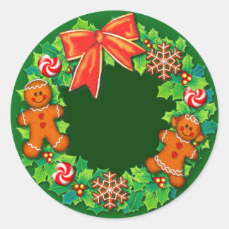 HOLLY, PINWHEELS & GINGER WREATH by SHARON SHARPE Classic Round Sticker