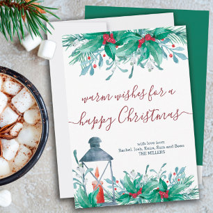 Holly Plants Mistletoe and Lantern Happy Christmas Holiday Card