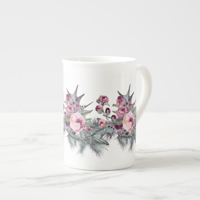 Holly Plum Rose Garland Bone China Mug (Front Right)